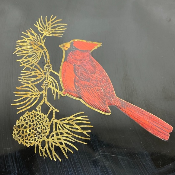 Vintage 60s Couroc Monterey Black Cardinal Tray Hand Inlay Bird MCM USA Serving - Picture 2 of 8
